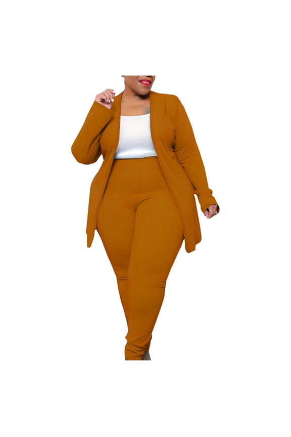 Women's Plus Size Suits Two Piece Open Front Long Sleeve Blazer and Elastic Waist Solid Pant Set 2 Piece Outfit