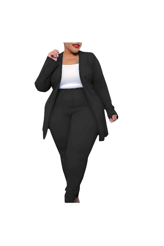 Women's Plus Size Suits Two Piece Open Front Long Sleeve Blazer and Elastic Waist Solid Pant Set 2 Piece Outfit