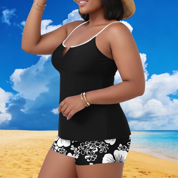 FNFYFH Women's Plus Size Tankini Swimsuit Tummy Control Bathing Suits Two Piece Full Coverage Slim Swim Suits with Shorts
