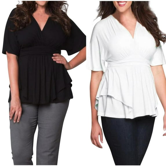 FNFYFH Women's Plus Size Tops Short Sleeve Ruffle Peplum Blouse V Neck Pleated Wrap Top