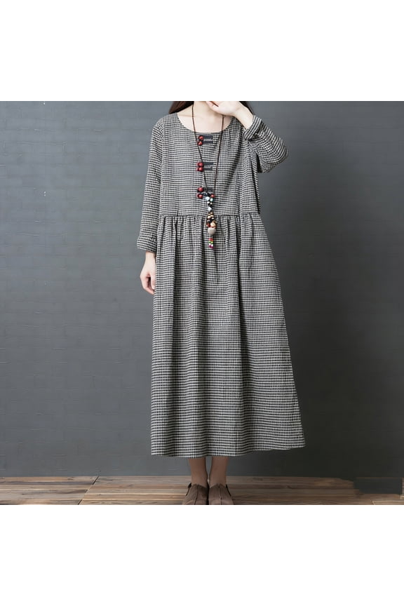 Women's Retro Plaid Button Down Maxi Shirt Dress Loose Fit Cotton Linen Dress Long Sleeve Gingham Swing Long Dresses