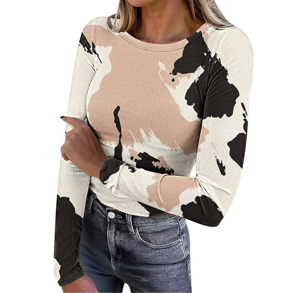 FNFYFH Women's Ribbed Long Sleeve Tops Crew Neck Slim Fit Undershirts Knit Basic Casual Stretch Layering Tee Shirts