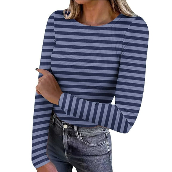FNFYFH Women's Ribbed Long Sleeve Tops Crew Neck Slim Fit Undershirts Knit Basic Casual Stretch Layering Tee Shirts