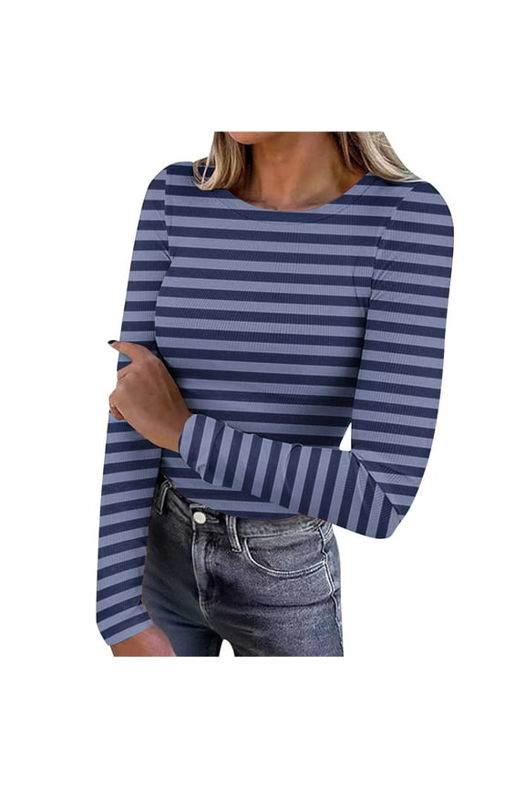 Women's Ribbed Long Sleeve Tops Crew Neck Slim Fit Undershirts Knit Basic Casual Stretch Layering Tee Shirts
