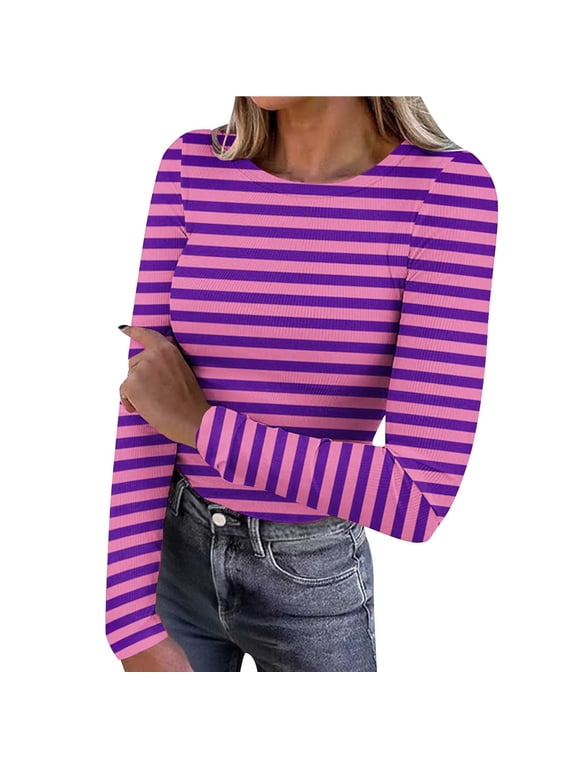 Women's Ribbed Long Sleeve Tops Crew Neck Slim Fit Undershirts Knit Basic Casual Stretch Layering Tee Shirts