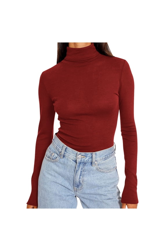 Women's Ribbed Long Sleeve Turtleneck Top Plus Size Base Layer Shirt Lightweight Slim Fit Sweater