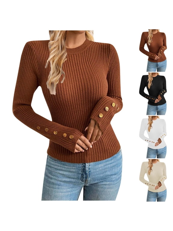 FNFYFH Women's Ribbed Shirts Crew Neck Long Sleeve Sweater Tops Slim Fitted Undershirts Casual Basic Layering Tees