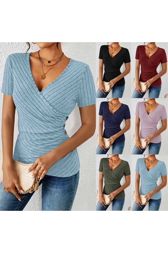 FNFYFH Women's Ribbed Tops Deep V Neck Slim Fitted T-Shirt Wrap Ruched Short Sleeve Blouse
