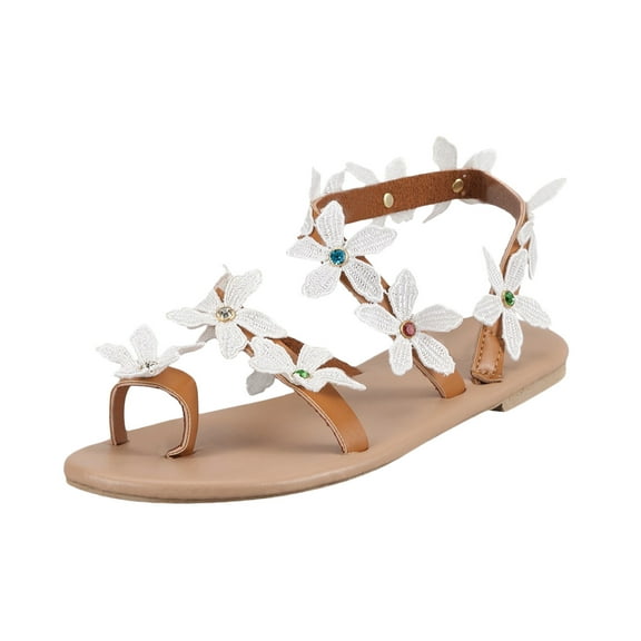FNFYFH Women's Sandals Flat Clip Toe Casual Lace Floral Beach Flip Flop Comfy Shoes Summer Elegant Toe Ring Roman Sandals Comfy Dress