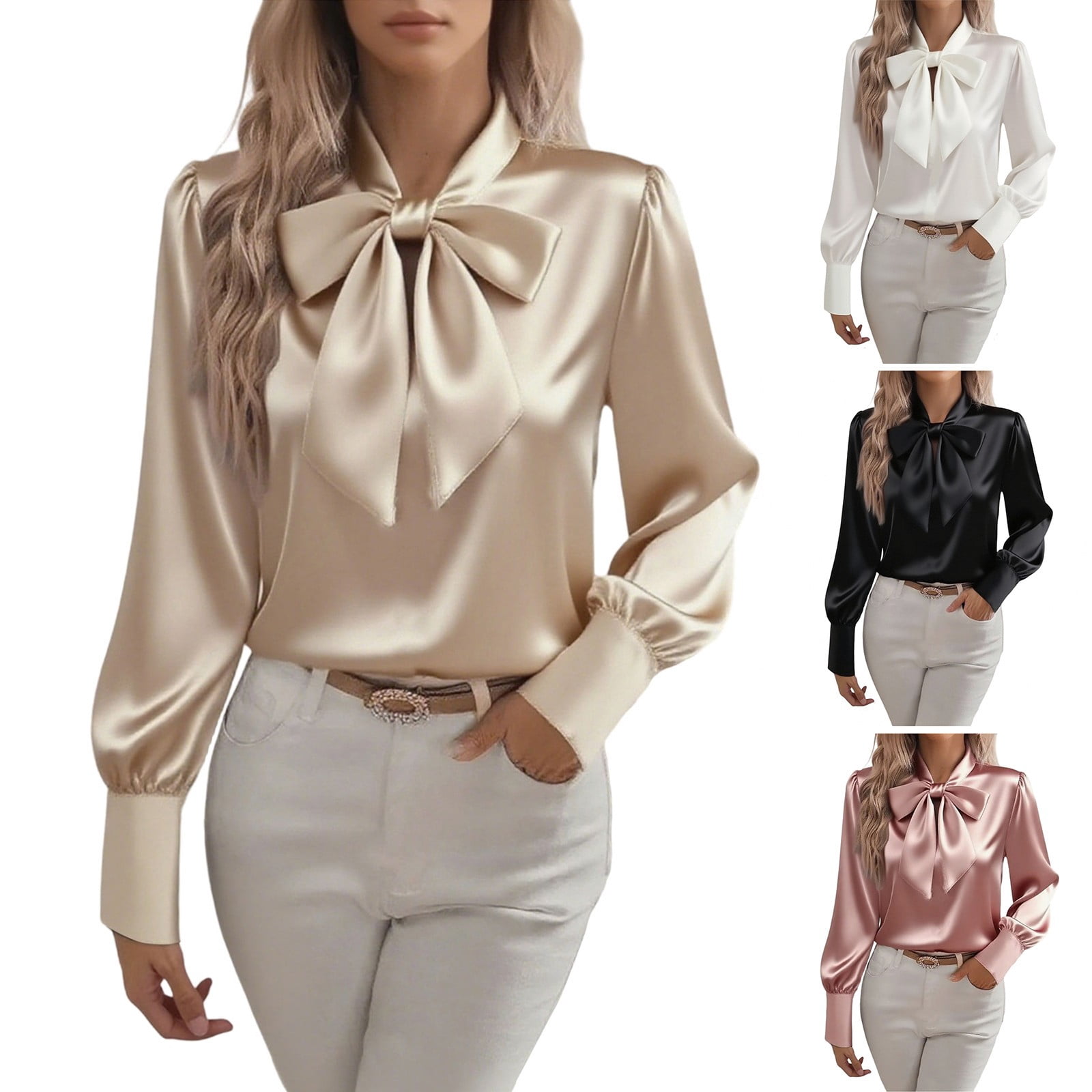 FNFYFH Women's Satin Blouse Long Sleeve Bow Tie Neck Shirts Dressy ...