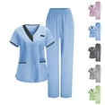 thumbnail image 1 of FNFYFH Women's Scrubs Sets V Neck Top and Wide Leg Pants Housekeeping Cleaning Hotel Uniform Waitress Workwear Sets with Pockets, 1 of 9