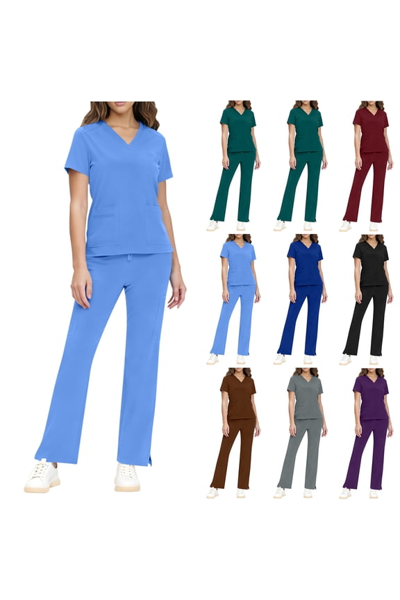 Women's Scrubs Stretch V Neck Scrub Shirts and Pants Set Wrinkle Free Nusing Uniform with Pockets