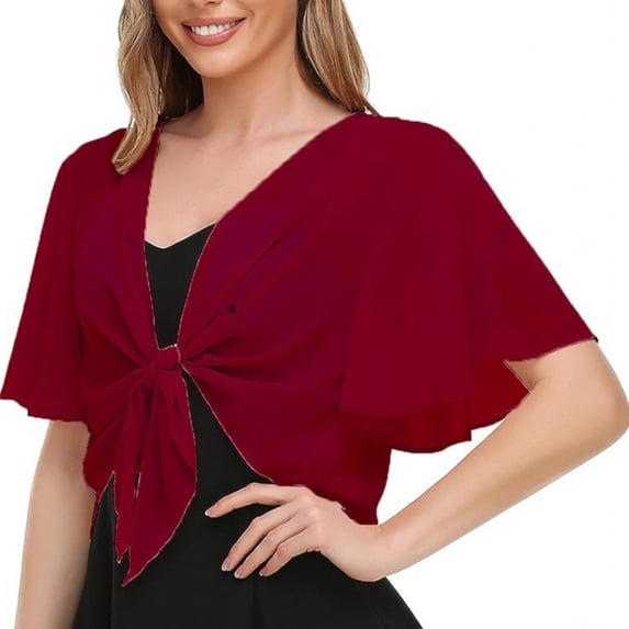 FNFYFH Women's Shrugs Flutter Sleeve Tie Knot Cropped Cardigan Lightweight Sheer Mesh Bolero Shrug