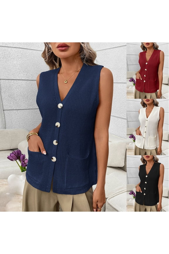 Women's Sleeveless Button Down Cardigan Sweater Vest 2026 Fashion Casual Soft Knit Office Duster Vests with Cozy Pockets