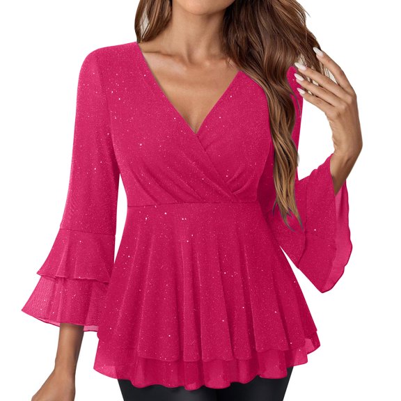 FNFYFH Women's Sparkly Peplum Tops Ruffle 3/4 Sleeve V Neck Blouses Double Layers Mesh Tunic Shirts Evening Party Blouse