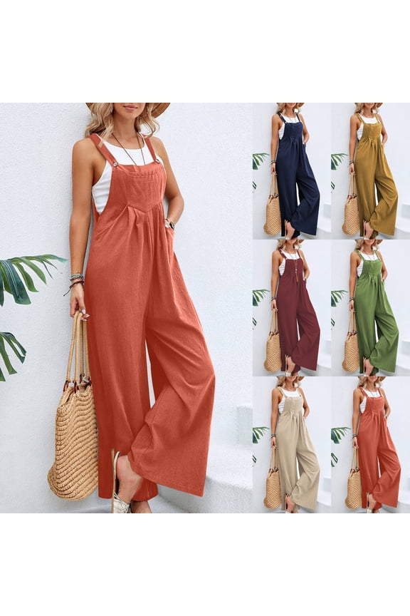 Women's Summer Jumpsuits Boho Wide Leg Overalls Casual Loose Rompers with Pockets