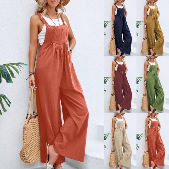 FNFYFH Women's Summer Jumpsuits Boho Wide Leg Overalls Casual Loose Rompers with Pockets