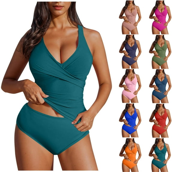 FNFYFH Women's Tankini Swimsuits Tummy Control Ruched Two Piece Bathing Suit V Neck Wrap Tie Back Swimwear with Bottoms