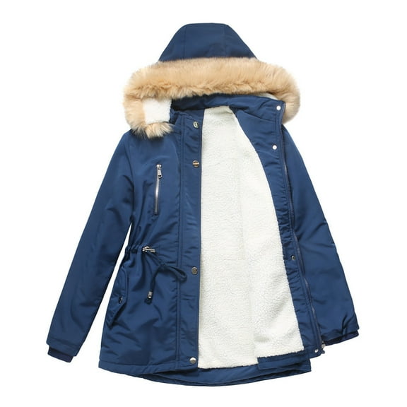 FNFYFH Women's Thicken Puffer Jacket Hooded Warm Sherpa Lined Parka Long Sleeve Drawstring Winter Coat with Faux Fur Hood