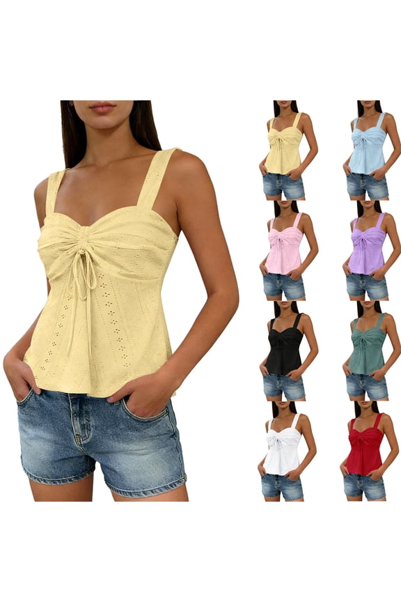 Women's Tie Front Ruched Tank Top Sleeveless Cute Crop Eyelet Babydoll Tops Y2k Drawstring Going Out Clothes
