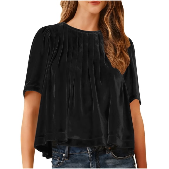 FNFYFH Women's Velvet Babydoll Top Short Sleeve Crewneck Peplum Tops Pleated Dressy Casual T Shirt Holiday Party Blouse