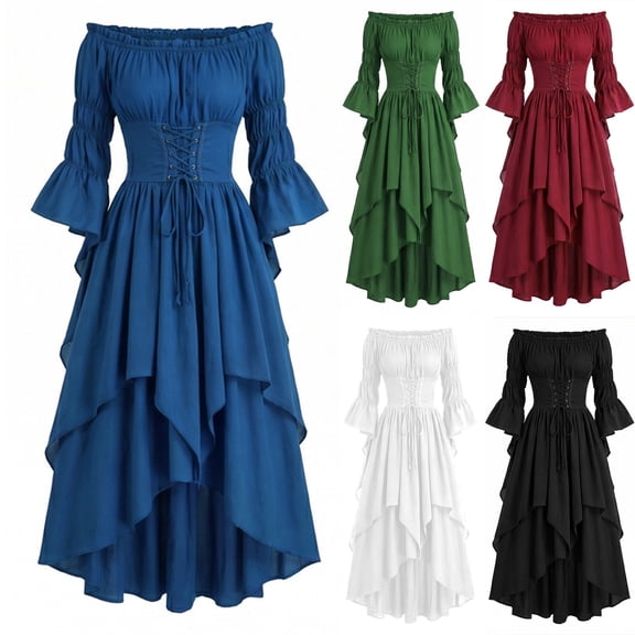 FNFYFH Women's Victorian Dress Puff Sleeve Off Shoulder Corset Dress Ruffle Renaissance Medieval Dress Costume