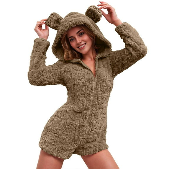 FNFYFH Women's Warm Fuzzy Hooded Romper Zip Up Fleece Onesies Hooded Sherpa Rompers Long Sleeve Short Playsuit Jumpsuit Loungewear