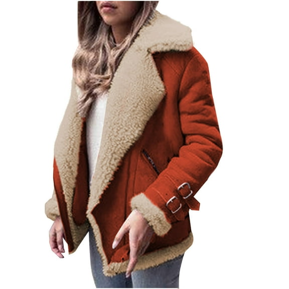 FNFYFH Women's Winter Faux Fur Lapel Coats Long Sleeve Solid Color Fleece Lined Jacket Warm Casual Winter Coat Trendy Faux Suede Jackets With pockets
