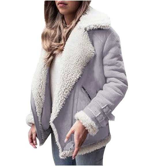 FNFYFH Women's Winter Faux Fur Lapel Coats Long Sleeve Solid Color Fleece Lined Jacket Warm Casual Winter Coat Trendy Faux Suede Jackets With pockets