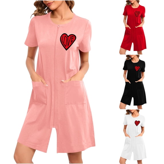 FNFYFH Women's Zip Up Housecoat Zipper Front Robe Lightweight Midi Length Bathrobe Short Sleeve Loungewear Nightgowns with Pockets