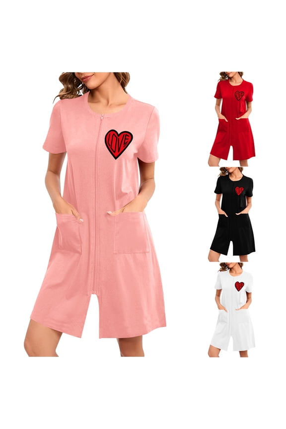 Women's Zip Up Housecoat Zipper Front Robe Lightweight Midi Length Bathrobe Short Sleeve Loungewear Nightgowns with Pockets