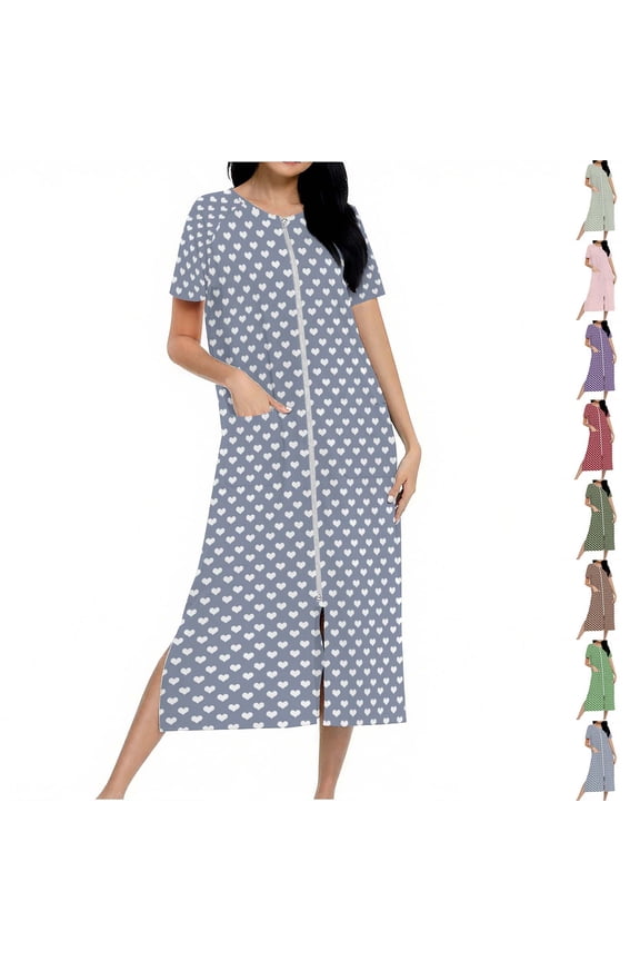 Women's Zipper Robe Short Sleeve Housecoat Full Length Nightgown Soft Loungewear Robe with Pockets