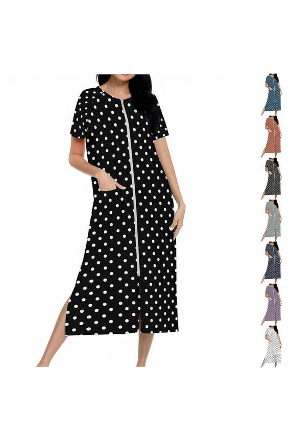 Women's Zipper Robes Short Sleeve Summer Loungewear Full Length Housecoat Bathrobe with Pockets