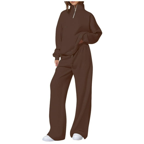 FNFYFH Womens 2 Piece Outfits Long Sleeve Oversized Half Zip Sweatshirt Wide Leg Sweatpants Lounge Set Tracksuit