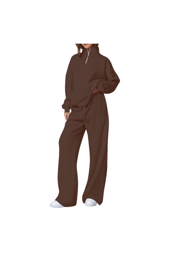 Womens 2 Piece Outfits Long Sleeve Oversized Half Zip Sweatshirt Wide Leg Sweatpants Lounge Set Tracksuit