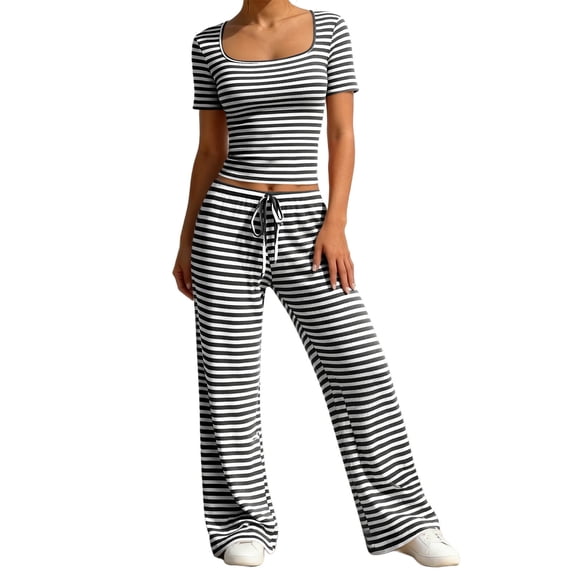 FNFYFH Womens 2 Piece Ribbed Sets Square Neck Crop Top Wide Leg Pants Casual Striped Lounge Set Y2k Outfits