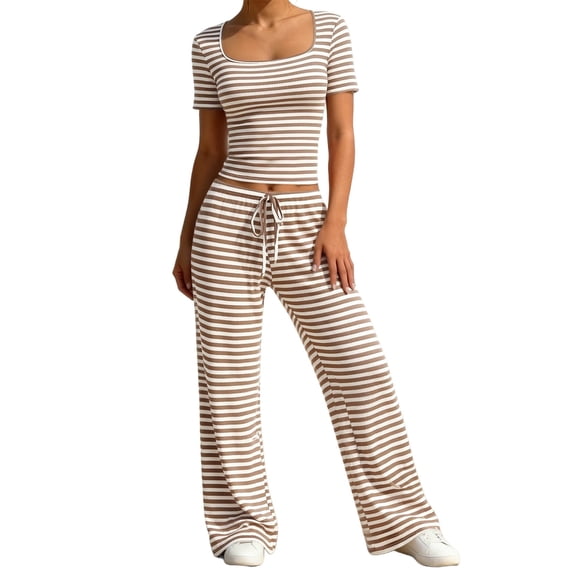 FNFYFH Womens 2 Piece Ribbed Sets Square Neck Crop Top Wide Leg Pants Casual Striped Lounge Set Y2k Outfits