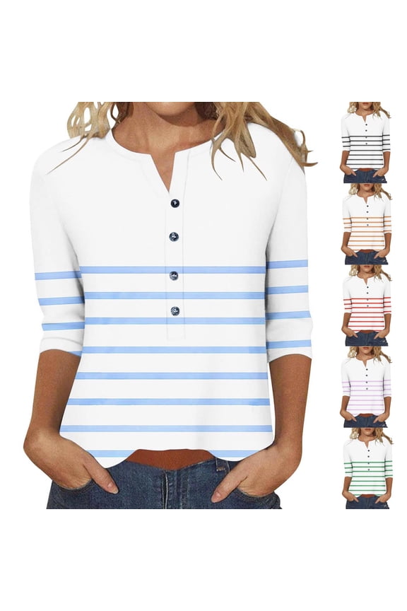 FNFYFH Womens 3/4 Sleeve Tops Plus Size Henley Shirts Casual Trendy Button T Shirts Summer Basic Tunic