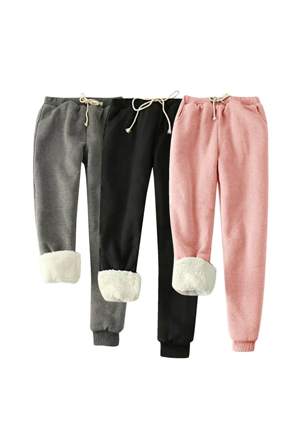 Womens 3PC Fleece Lined Joggers Plus Size Drawstring Cinch Bottom Sweatpants Winter Warm Sherpa Lined Athletic Pants with Pockets