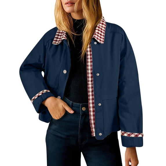 FNFYFH Womens Barn Jacket Cropped Shacket Jacket Contrast Plaid Outerwear Coat Loose Lapel Spring Jacket