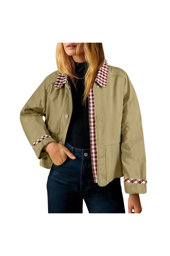 Womens Barn Jacket Cropped Shacket Jacket Contrast Plaid Outerwear Coat Loose Lapel Spring Jacket