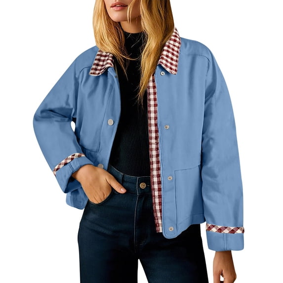 FNFYFH Womens Barn Jacket Cropped Shacket Jacket Contrast Plaid Outerwear Coat Loose Lapel Spring Jacket