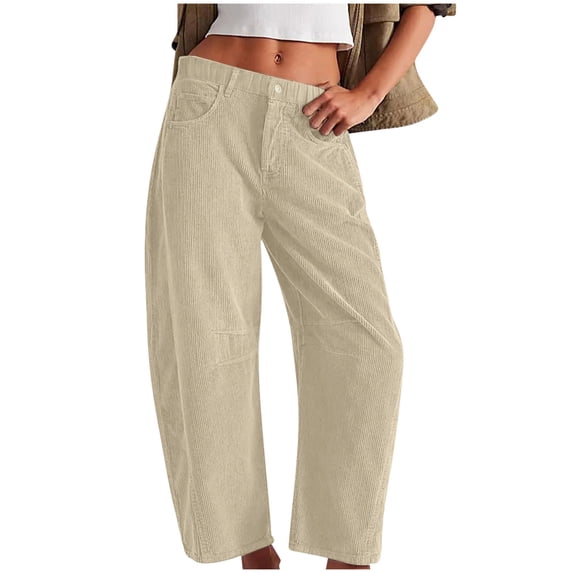 FNFYFH Womens Barrel Pants Corduroy Wide Leg Pants Buttoned Low Rise Sweatpants Casual Fall Winter Straight Baggy Trousers with Pockets