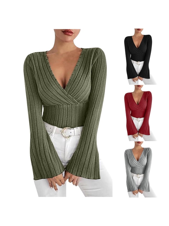 FNFYFH Womens Bell Long Sleeve Ribbed Knit Tops V Neck Wrap Top Slim Fit Fall Shirts Y2K Going Out Tops