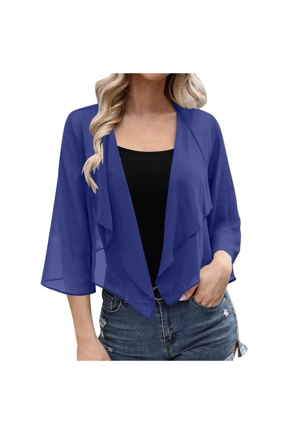 Womens Bolero Shrugs 3/4 Sleeve Kimono Cardigans Casual Chiffon Blouses Jackets