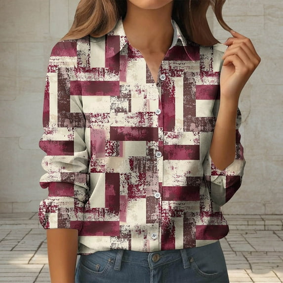 FNFYFH Womens Botton Down Shirt Long Sleeve Vintage Graphic Shirts Wrinkle Free Collared Blouses Casual Office Work Tops