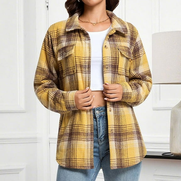 FNFYFH Womens Button Down Flannel Shirts Long Sleeve Thick Plaid Shacket Jacket Coat Warm Fleece Line Lapel Shirt Jackets