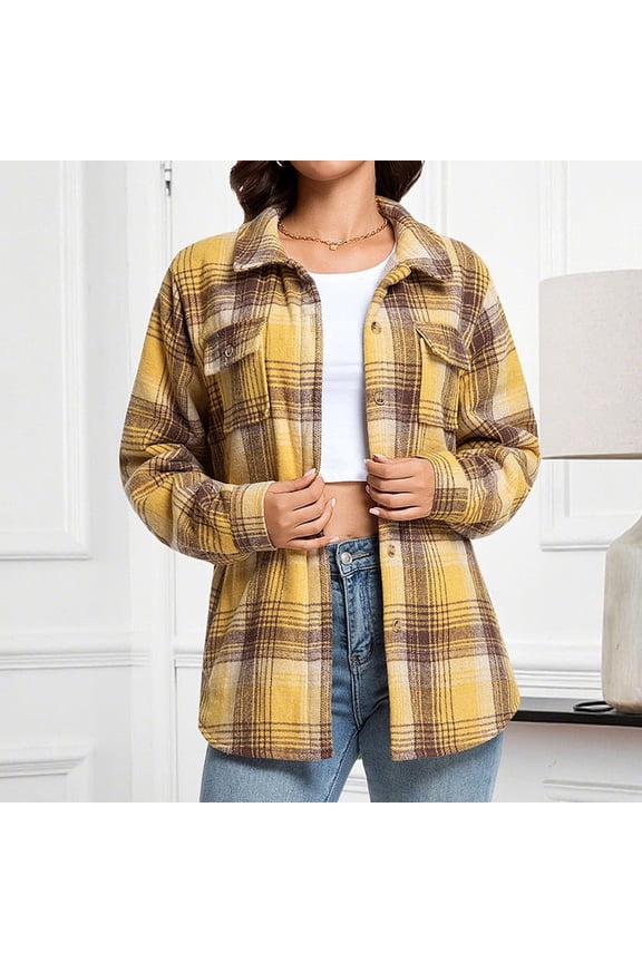 Womens Button Down Flannel Shirts Long Sleeve Thick Plaid Shacket Jacket Coat Warm Fleece Line Lapel Shirt Jackets