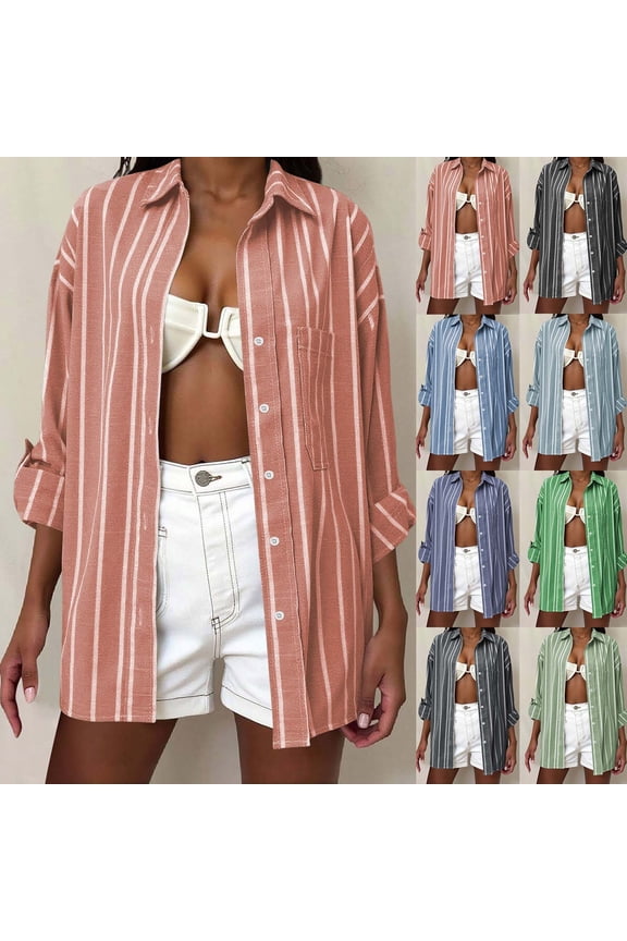 Womens Button Down Shirt Long Sleeve Striped Shirts Oversized Boyfriend Collared Blouses Office Work Blouses Tops with Pocket