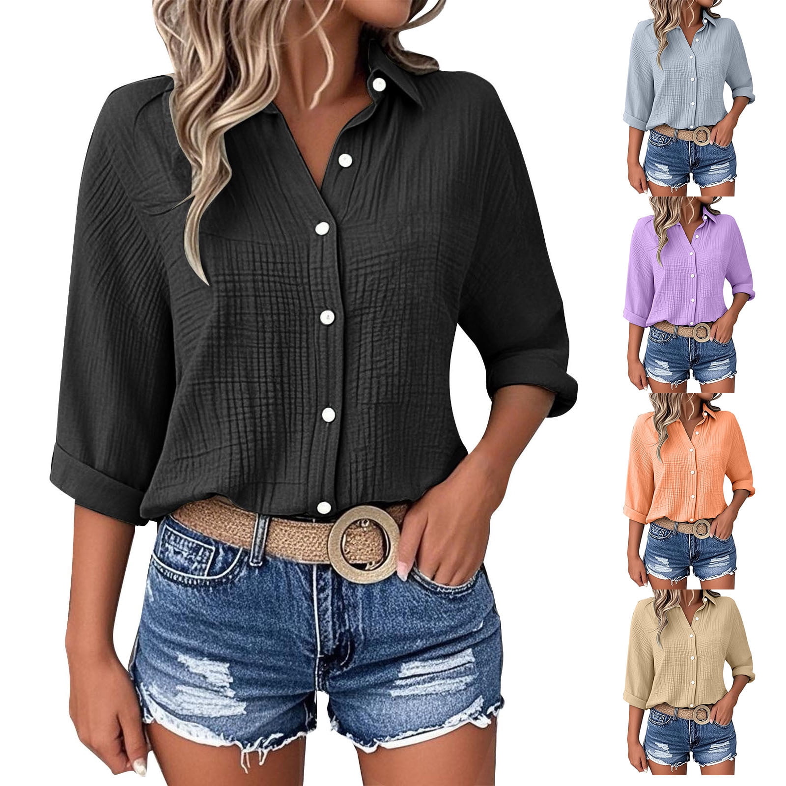 FNFYFH Womens Button Down Shirt Plus Size 3/4 Rolled Sleeve Collared ...